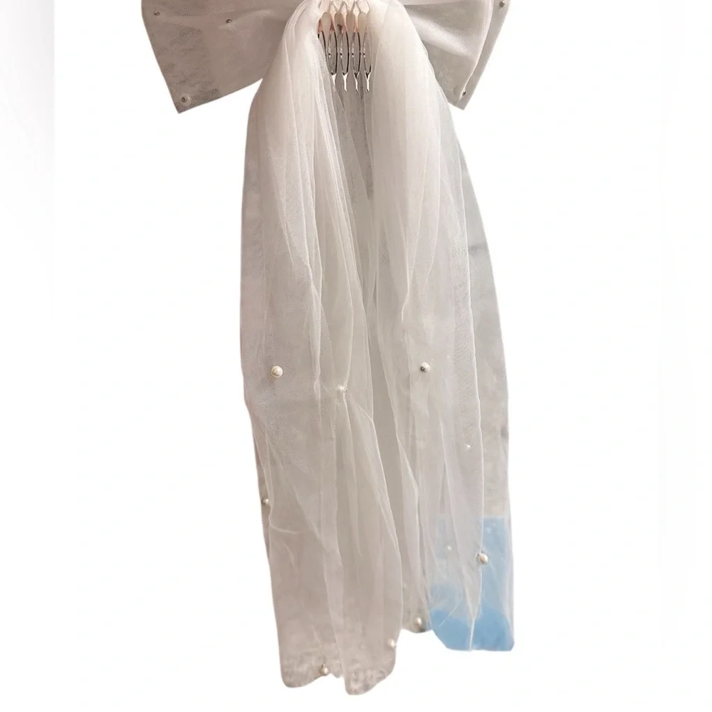Elegant White Hair Bow with Veil studded with Pearls white shorter length